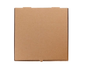 Plain brown pizza box top isolated flat closed transparent background photo PNG file