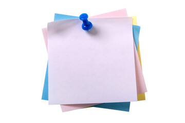 Untidy pile various colors white square sticky post it note with pushpin isolated transparent background photo PNG file