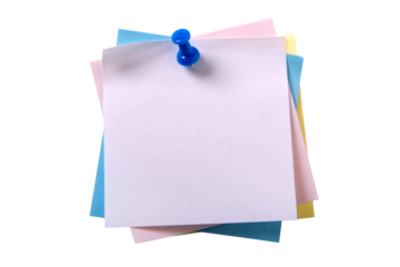 Untidy pile various colors white square sticky post it note with pushpin isolated transparent background photo PNG file