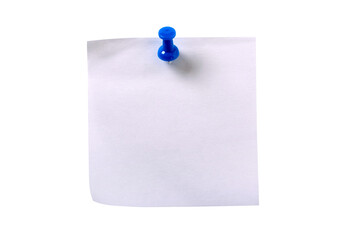 Plain white one single square sticky post it note with blue pushpin isolated transparent background...