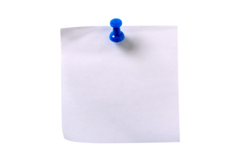 Plain white one single square sticky post it note with blue pushpin isolated transparent background photo PNG file
