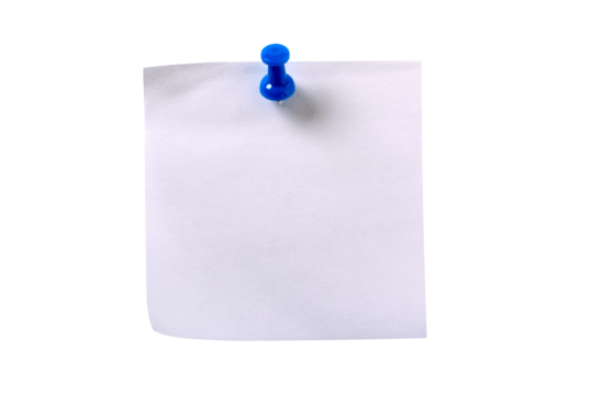 Plain white one single square sticky post it note with blue pushpin isolated transparent background photo PNG file