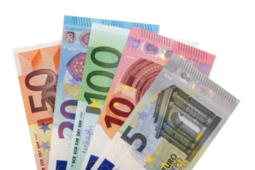 Various Euro currency bills notes fan shape isolated transparent background photo PNG file