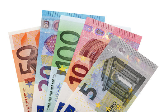 Various Euro currency bills notes fan shape isolated transparent background photo PNG file