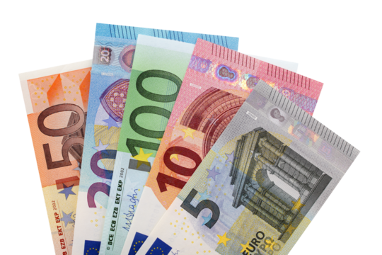 Various Euro currency bills notes fan shape isolated transparent background photo PNG file