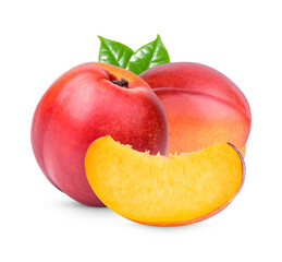 Nectarine with leaves isolated on transparent background (.PNG)