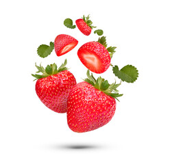 Fresh strawberries with leaves isolated on transparent background (.PNG)