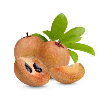 Fresh sapodilla with leaves isolated on transparent background (.PNG)