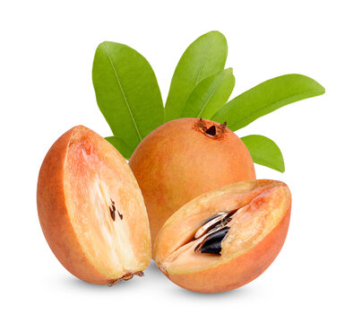 Fresh sapodilla with leaves isolated on transparent background (.PNG)