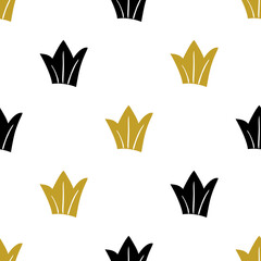 Gold and black Crowns seamless pattern . Cute baby and little princess design. Royalty crown symbol pattern. Children room wallpaper and clothes texture. Vector illustration. 