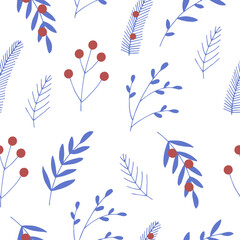 Winter twigs and berries seamless pattern vector illustration, hand drawing doodles