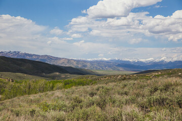 Green rolling hills with snowy mountain and cloudy sky