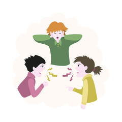 A boy and a girl are fighting. The boy does not want to hear the quarrel and covers his ears. Vector.