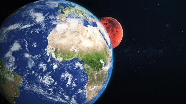 3D Render Close Up Earth World Planet And Show Up Mars Red Planet From Behind On Galaxy Space 3D Illustration