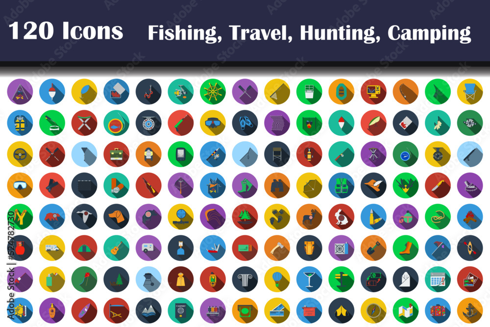 Wall mural 120 Icons Of Fishing, Travel, Hunting, Camping