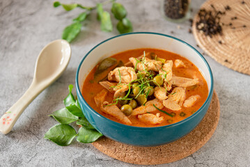 Thai red curry soup with chicken, served with streamed jasmine rice, Thai tradition food 
