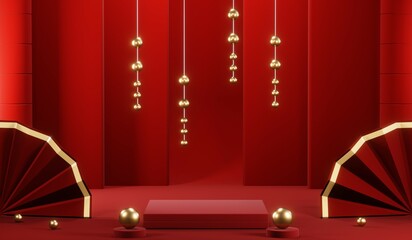 3D rendering of blank product background for cream cosmetics Modern red podium background