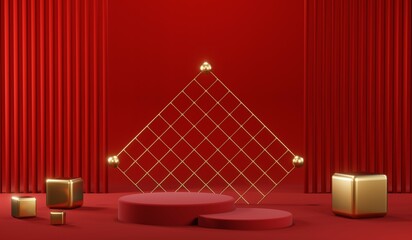 3D rendering of blank product background for cream cosmetics Modern red podium background