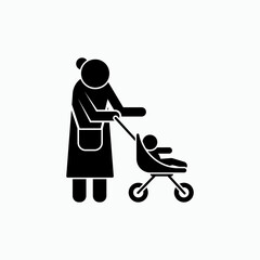 Mom and Baby Icon.  Babysitting Symbols in Trolley – Vector.