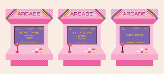 Arcade game screen in retro pixel style. Gaming console machine with menu in style of  80s, 90s.