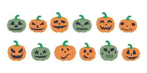 Set of pumpkins with faces. Carving pumpkins. Collection of green and orange pumpkins. Decor for decorating the autumn holiday Halloween. Flat vector illustration. Eps10