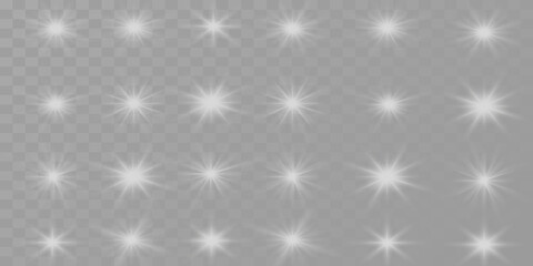 A set of silver effects, an explosion of a star with sparkles and light reflection on a transparent background