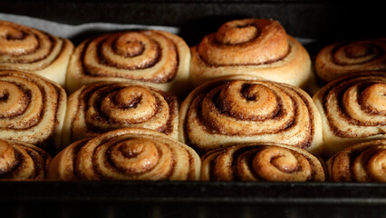 Baked cinnamon buns in the oven. Production of cinnamon rolls or Cinnabon  