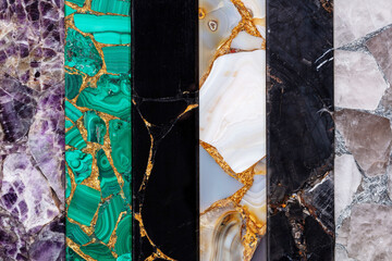 A variety of precious stones. Black Obsidian, Amethyst, Malachite, Agate, Smoky Quartz, Petrified...