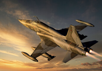 Army jet flying at sunset, hyper resolution, photo realistic 3D illustration