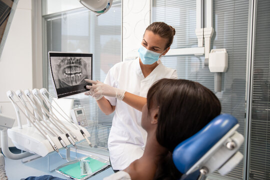 Confident dentist explaining x-ray picture of jaws to patient. Young Caucasian stomatologist wearing mask talking to African American woman about dental care. Visiting dentist concept