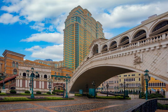 Macau cityscape. Landscape of Macau business building with reflection with blue sky. Macaw city at dusk.