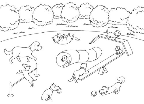 Dog play on playground graphic black white sketch landscape illustration vector