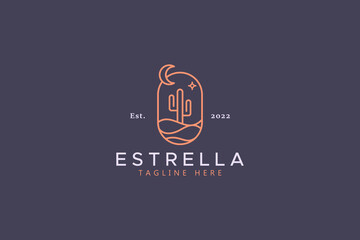 Cactus at Night in The Desert Illustration Logo Concept.