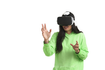 Amazed young Venezuelan woman touching the air during the VR experience. Isolated over white background.
