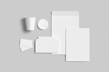 Stationery mockup such as paper cup,  notebook, C4 Envelope, dl invitation card, business card, and Letterhead