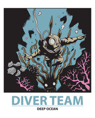hand drawing deep sea diver vector illustration, diver team vector, diver team poster vector illustration.  