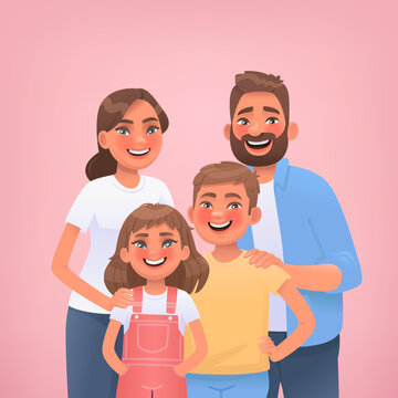 Portrait Of A Happy Family On A Pink Background. Mom Dad Son And Daughter Posing Together. Vector Illustration