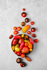 Overhead view of plate with different types of tomatoes