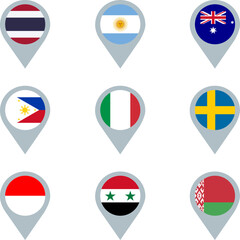 A set of nine map markers with flags. Thailand, Argentina, Australia, Philippines, Italy, Sweden, Indonesia Syria and Belarus.