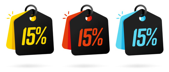 15 percent off sale black price tag vector set
