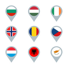 A set of nine map markers with flags. Bulgaria, Hungary, Ireland, Norway, Romania, Czech Republic, Luxembourg, Albania and Cyprus.