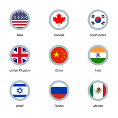 Set of 9 round icons with flags. USA, United Kingdom, South Korea, Canada, China, India, Israel Russia and Mexico