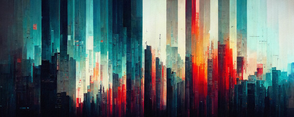 Abstract technology background, blue and orange with glitched cityscape, digital illustration