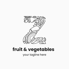 Letter Z made of fruit and vegetables. Organic food logo concept. Stock vector illustration.