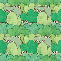 Seamless Pattern with Hand Drawn Crocodile and Bush Illustration Design