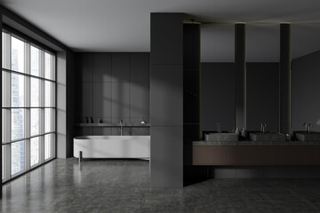 Obraz na płótnie Canvas Grey bathroom interior with sink and bathtub, accessories and panoramic window