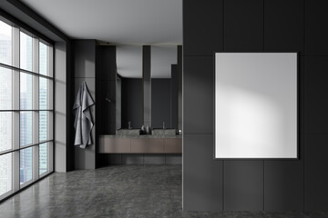 Obraz na płótnie Canvas Grey bathroom interior with sink and panoramic window. Mock up frame