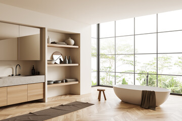Fototapeta na wymiar Cozy bathroom interior with sink and tub, decoration and panoramic window