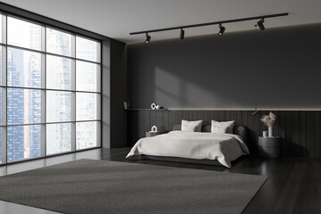 Grey bedroom interior with bed and panoramic window, decoration. Mockup wall