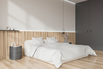 Stylish bedroom interior with bed and invisible door. Mockup wall